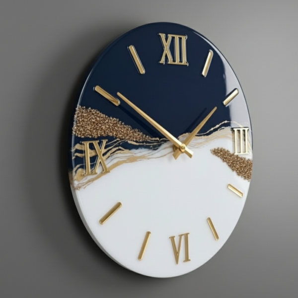 Handcrafted Resin Art Clock - Navy, White & Gold Epoxy Design