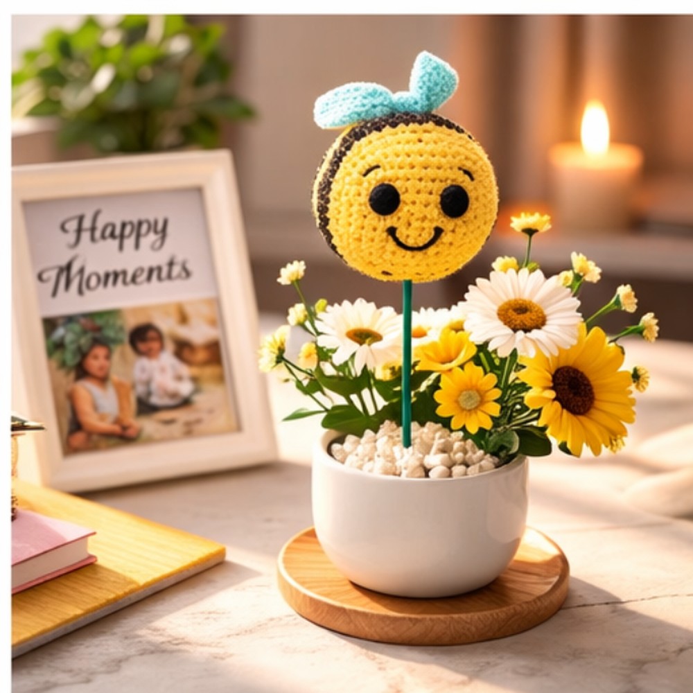 Handmade Crochet Smiley Bee Gift – Cute Amigurumi Desk Decor for Kids, Home & Office - Image 6