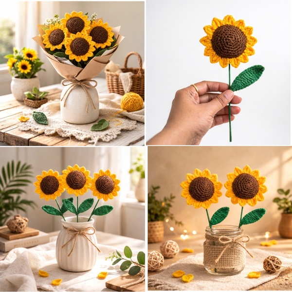 Handmade Crochet Sunflower – Realistic Knitted Flower Decor Gift