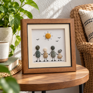 Handmade Pebble Family Art, Family Of Four Portrait, 8x8 Inch Shadow Box Frame, Stone Art Wall Decor, Family Keepsake, Housewarming And Anniversary Gift