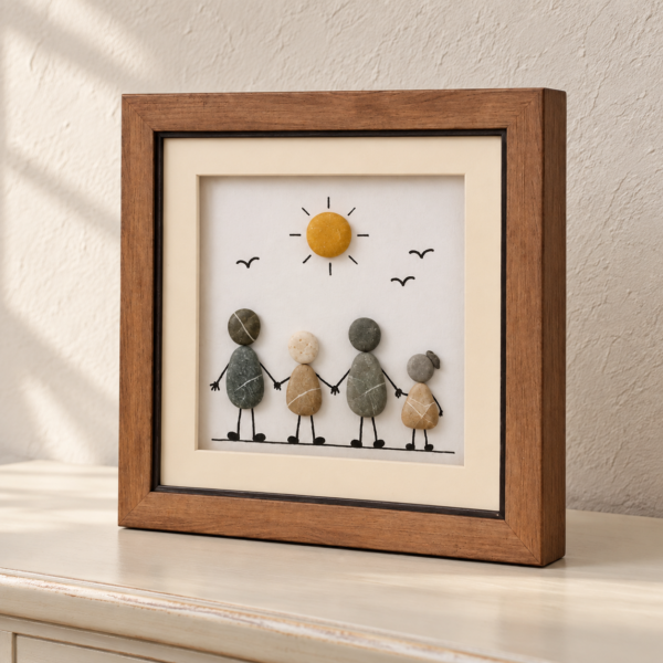 Handmade Pebble Family Art, Family Of Four Portrait, 8x8 Inch Shadow Box Frame, Stone Art Wall Decor, Family Keepsake, Housewarming And Anniversary Gift